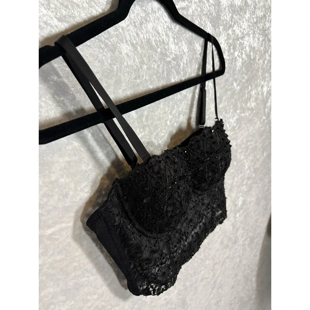 Windsor Black Lace Bustier Corset Top DS4017 100% Linen Floral Size L Adjustable